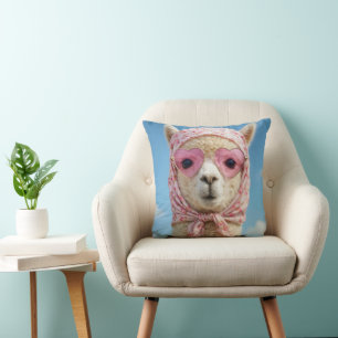 Alpaca Wearing Head Scarf and Sunglasses Cushion
