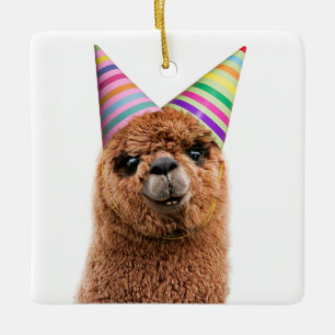 Alpaca Wearing Party Hats Ceramic Ornament