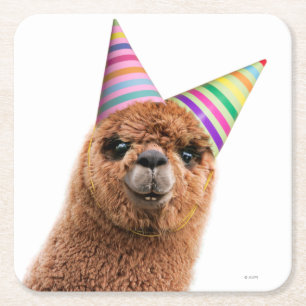Alpaca Wearing Party Hats Square Paper Coaster