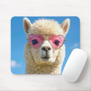 Alpaca Wearing Pink Heart-shaped Glasses Mouse Pad