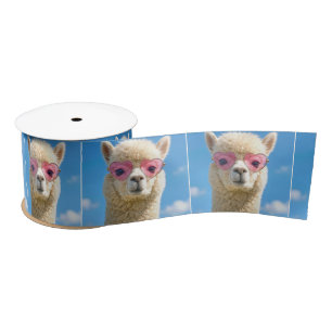 Alpaca Wearing Pink Heart-shaped Glasses Satin Ribbon