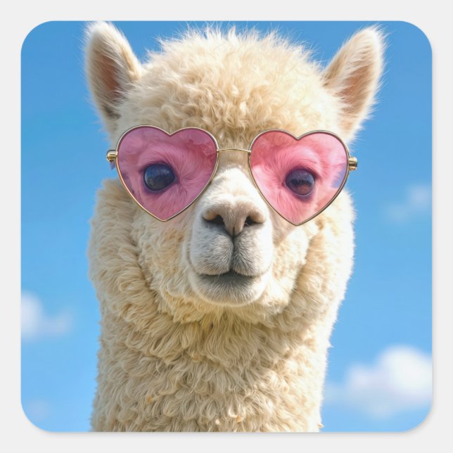 Alpaca Wearing Pink Heart-shaped Glasses Square Sticker (Front)