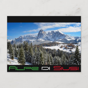 Alpe di Siusi in winter black text postcard