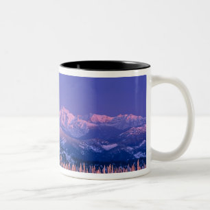 Alpenglow strikes the peaks of Glacier Two-Tone Coffee Mug