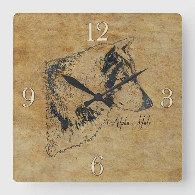 Alpha Grey Wolf Wildlife Portrait Art Square Wall Clock (Front)