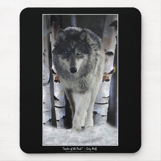 Alpha Grey Wolf & Winter Birch Trees Mouse Pad (Front)