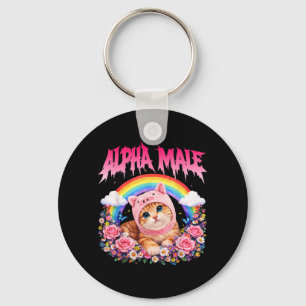 Alpha Male Funny Cat Kitten Rainbow Floral Key Ring