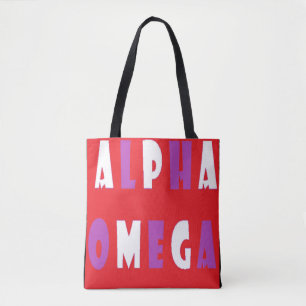 Alpha Omega red white purple big text Tote Bag