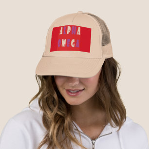 Alpha Omega red white purple big text Trucker Hat