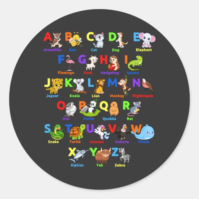 Alphabet Animal ABCs Learning Classic Round Sticker (Front)