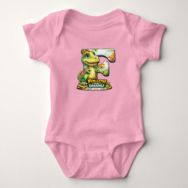 🦖💖 Alphabet Dino “F” Baby Jersey Bodysuit 👶✨ (Front)