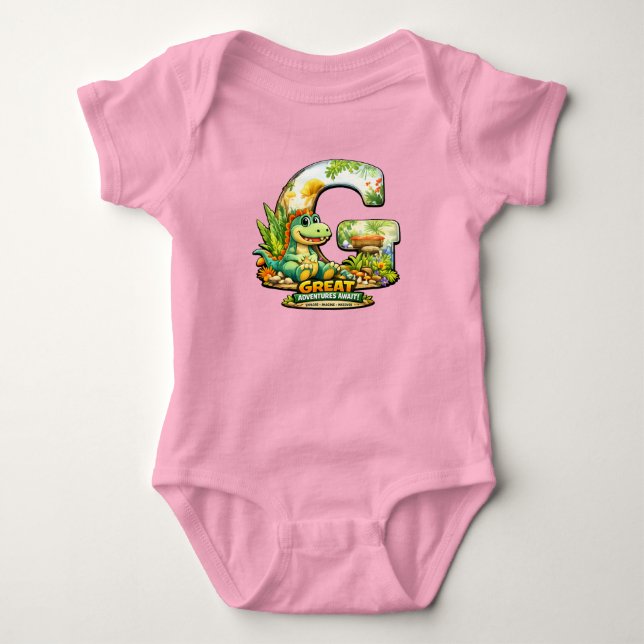 🦕💖 Alphabet Dino “G” Baby Jersey Bodysuit 👶✨ (Front)