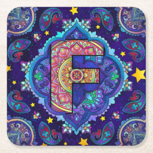 Alphabet F mandala Square Paper Coaster