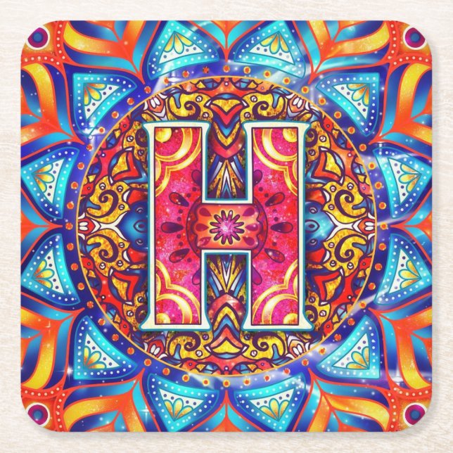 Alphabet H mandala Square Paper Coaster (Front)