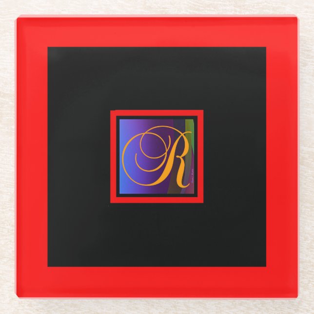 ALPHABET INITIAL R MONOGRAM GLASS COASTER (Front)