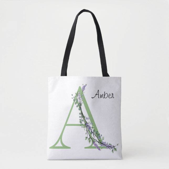 Alphabet letter A Lavender Eucalyptus watercolor Tote Bag (Front)