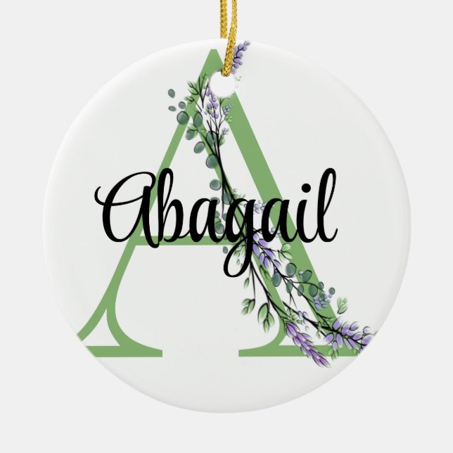 Alphabet letter A, watercolor Lavender Eucalyptus  Ceramic Ornament (Front)
