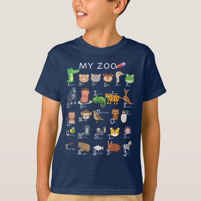 Alphabet Letter A-Z My Zoo Kids Boy Girl School T-Shirt (Front)