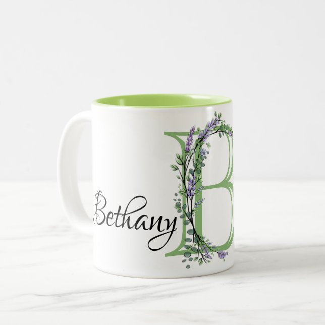Alphabet letter B, watercolor Lavender botanical Two-Tone Coffee Mug (Front Left)