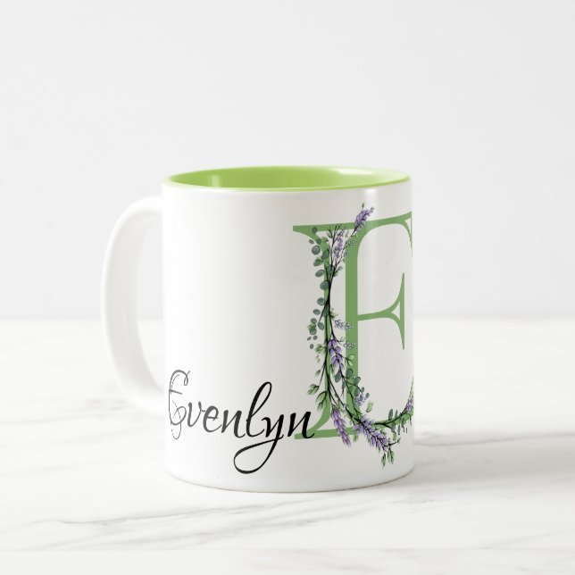 Alphabet letter E Lavender Eucalyptus monogrammed  Two-Tone Coffee Mug (Front Left)