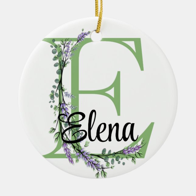 Alphabet letter E, watercolor Lavender botanical Ceramic Ornament (Front)