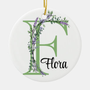 Alphabet letter F, watercolor Lavender botanical Ceramic Ornament