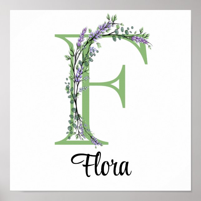 Alphabet letter  F watercolor Lavender Eucalyptus  Poster (Front)