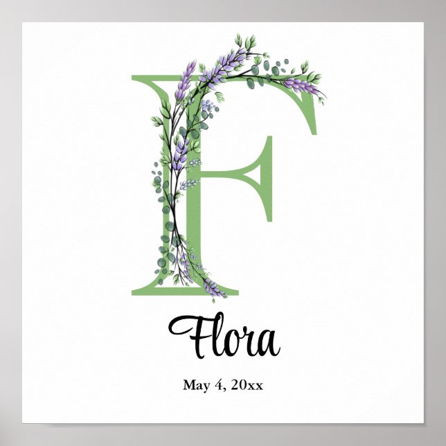 Alphabet letter F watercolor Lavender Eucalyptus   Poster (Front)