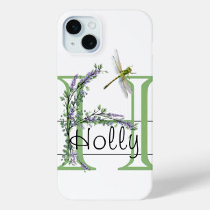 Alphabet letter H, watercolor Lavender Dragonfly iPhone 15 Mini Case