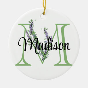 Alphabet letter M, watercolor Lavender botanical Ceramic Ornament