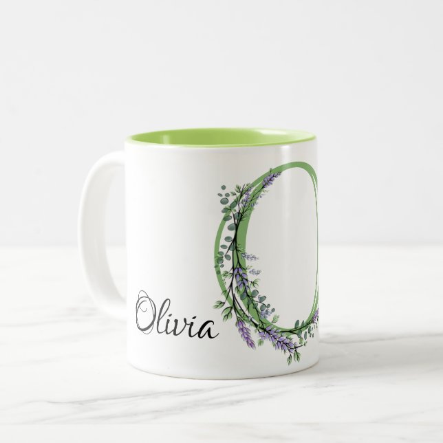 Alphabet letter O, watercolor Lavender botanical Two-Tone Coffee Mug (Front Left)