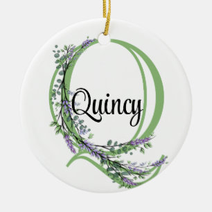 Alphabet letter Q, watercolor Lavender botanical Ceramic Ornament