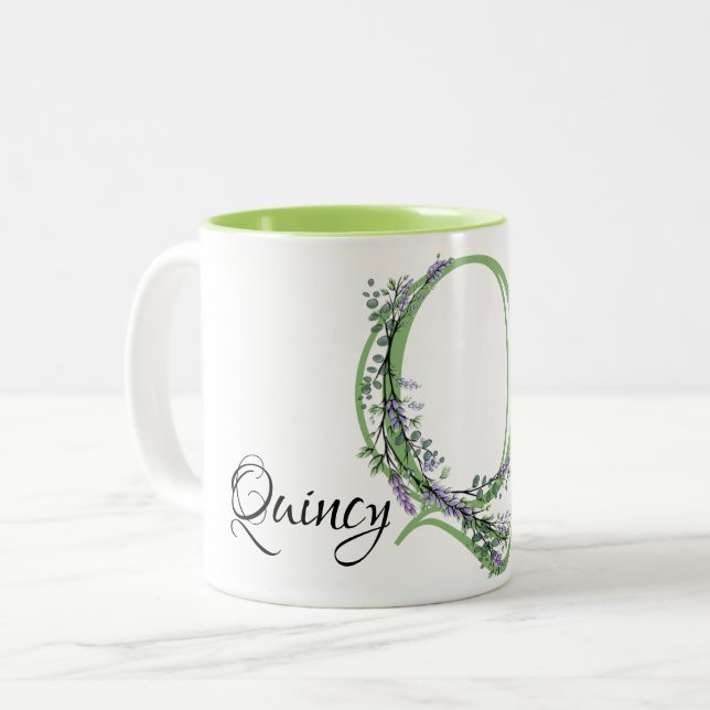 Alphabet letter Q, watercolor Lavender botanical Two-Tone Coffee Mug (Front Left)