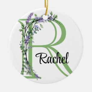 Alphabet letter R, watercolor Lavender botanical Ceramic Ornament