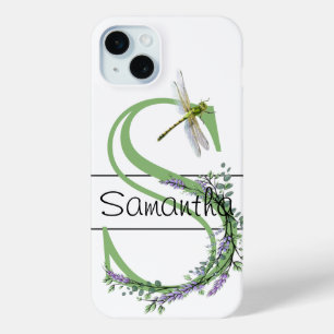 Alphabet letter S, watercolor Lavender Dragonfly iPhone 15 Mini Case