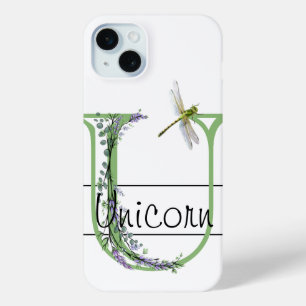 Alphabet letter U, watercolor Lavender Dragonfly iPhone 15 Mini Case