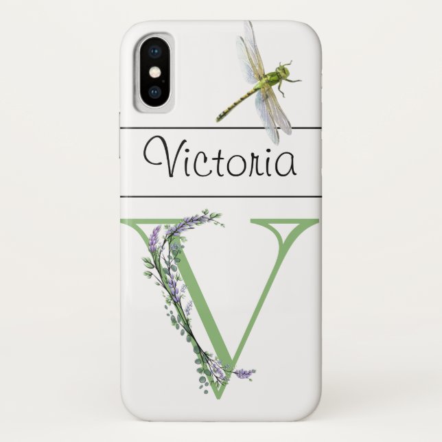 Alphabet letter V Lavender Eucalyptus Dragonfly Case-Mate iPhone Case (Back)