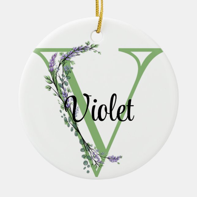 Alphabet letter V, watercolor Lavender botanical Ceramic Ornament (Front)