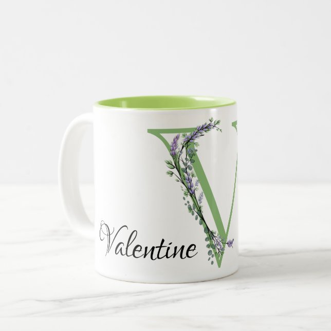 Alphabet letter V, watercolor Lavender botanical Two-Tone Coffee Mug (Front Left)