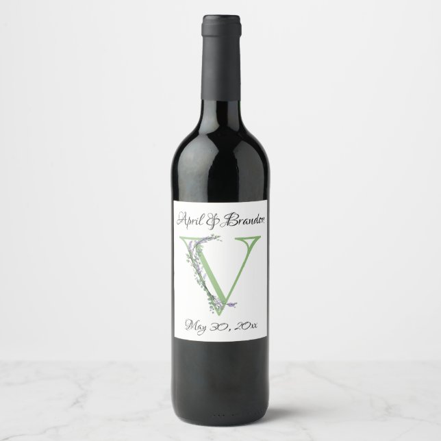 Alphabet letter V watercolor Lavender Eucalyptus  Wine Label (Front)