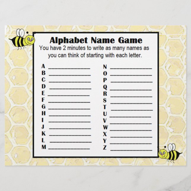 Alphabet Name Game and Baby Shower Bingo Game Flyer (Front)