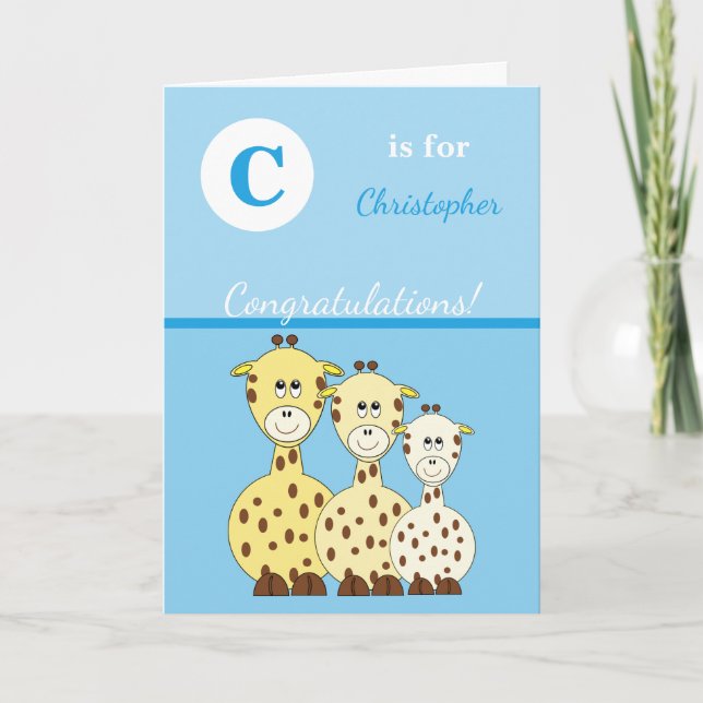 Alphabet name new baby cute giraffes blue card (Front)