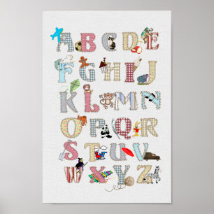 Alphabet Nursery Art Cute Pictures Fabric Look Poster