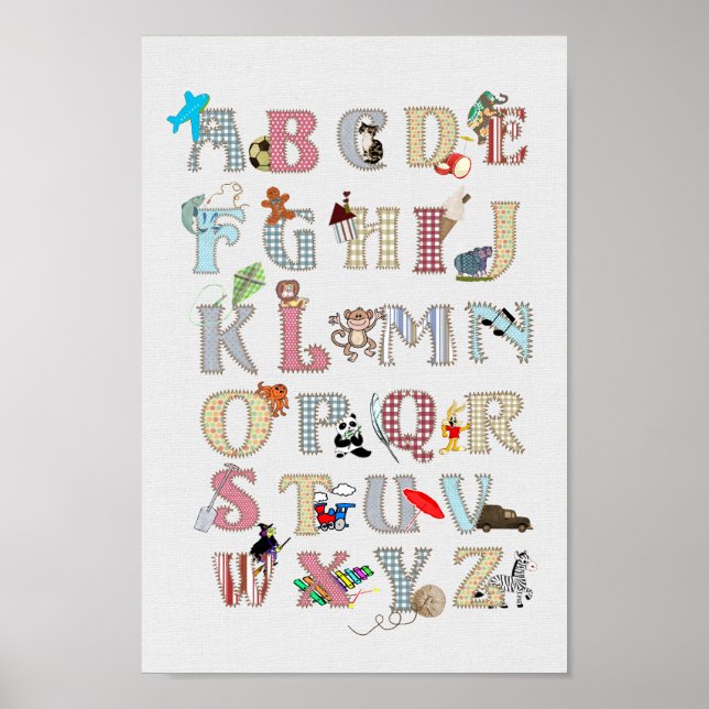 Alphabet Nursery Art Cute Pictures Fabric Look Poster (Front)