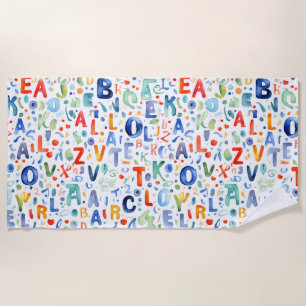 Alphabet Pattern watercolor art. Beach Towel