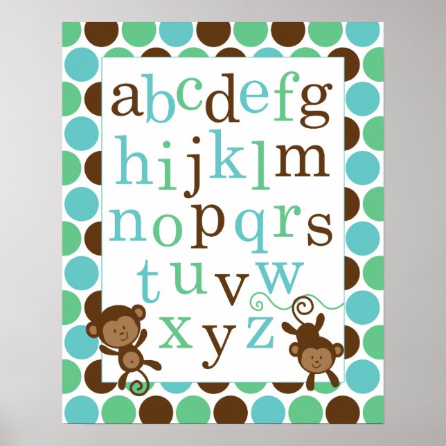Alphabet Poster for Nursery Blue Green Monkeys (Front)
