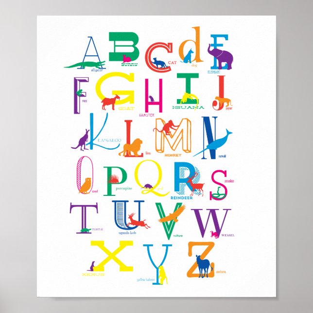 Alphabet Poster with Animal Silhouettes in Colour (Front)