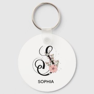 Alphabet Script Letter S Floral Monogram Flower Key Ring