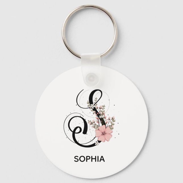 Alphabet Script Letter S Floral Monogram Flower Key Ring (Front)