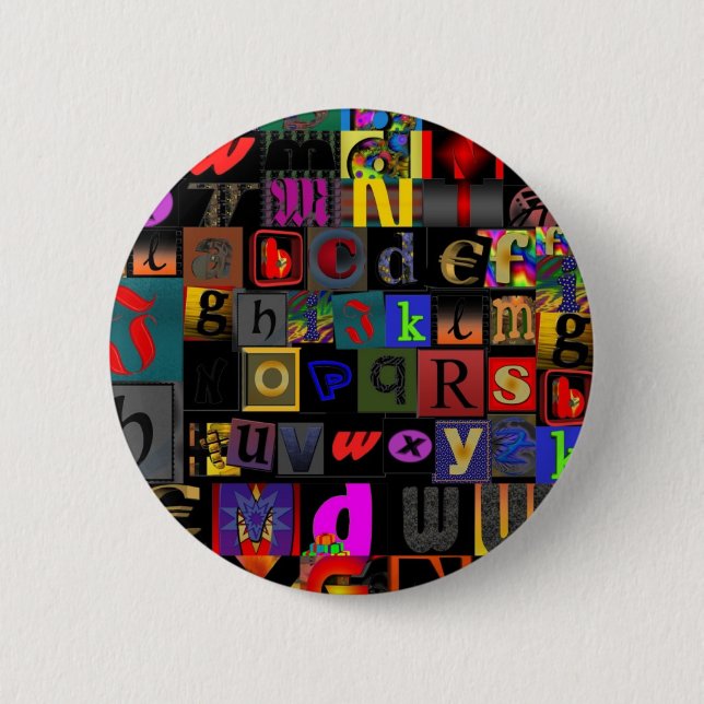 Alphabet Soup, mosaic letters design, fun colourfu 6 Cm Round Badge (Front)